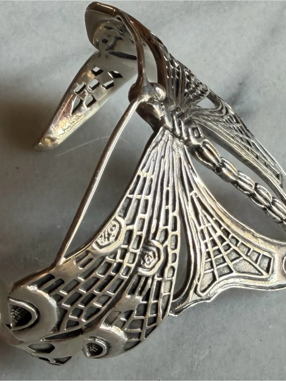 VTG Art Nouveau 925 Sterling Heavy Dragonfly Cuff Bracelet 38g 6.25